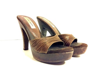 90s Leather Platform Stiletto 7 - High Heel Slip On Clogs 7
