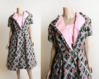 Vintage 1940s Dress - Pink Rose Print Cotton Floral Day Dress - 40s 50s Style Floral Cotton Dress - Large