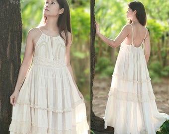 Boho Maxi Dress in Off White, Bridesmaid Dress, Loose Fitting Lace Dress, Summer Beach Wedding Dress, Keyhole Drawstring, Empire Waist