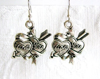 Valentines LOVE YOU Double Hearts Pierced or Clip On Earrings