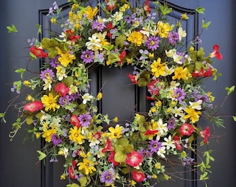 Spring Wreath, Easter Wreath, Front Door Wreaths, Spring Wreaths for Front Door, Yellow Daisy Wreath, Red Petunias, Purple Flower Wreaths