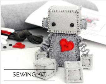 DIY Kit Felt Robot - Make Your Own Robot Plush - Includes Pattern and Supplies - Craft Pattern - Valentine Gift