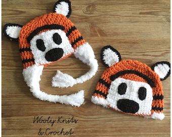 MADE TO ORDER, Crochet Hobbes hat, tiger/ cat hat, Newborn to Lg. Adult sizes, comic strip, comic cat