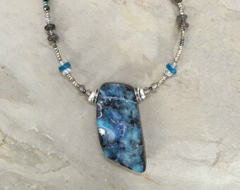 Australian Boulder Opal Pendant, Labradorite, Neon Apatite & Sterling Silver