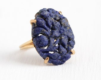Lapis Lazuli Ring - Vintage 14k Rosy Yellow Gold Genuine Carved Flower Gem Statement - Size 5 3/4 Dark Blue Floral Gemstone 50s Fine Jewelry