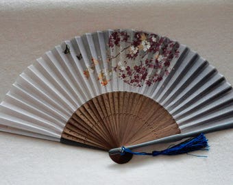 Silk Gray Sakura and butterfly Hand Fan with sleeve -Handheld Folding Fan, Japanese Hand Fan,folding fan,Cherry blossom