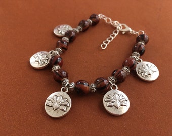 lotus bracelet, casual bracelet, beaded charm bracelet, bracelet for wife, bracelet for girlfriend, silver bracelet, gift under 25
