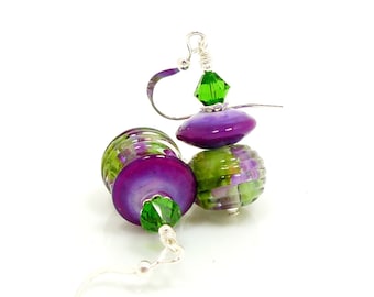 Purple Green Earrings, Lampwork Earrings, Glass Earrings, Glass Bead Earrings, Unique Earrings, Unusual Earrings, Glass Bead Jewelry