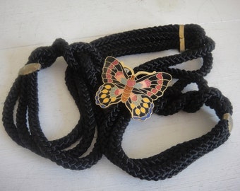 Vintage Black Rope Belt, Butterfly Buckle, Folk, Boho, Belt, 1980, Approx Size 12.