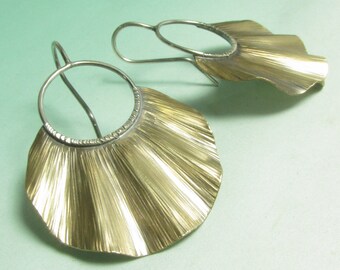 Mixed Metal Earrings, Sterling Silver Ruffle Bronze Earrings, Large Earrings, Shield Earrings, Contemporary Earrings, Metalsmith Jewelry