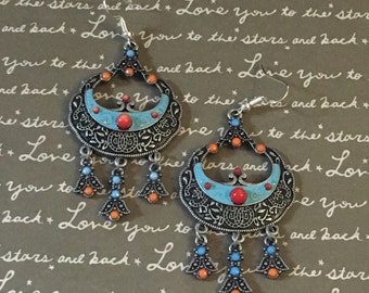 Gorgeous blue and orange chandelier earrings