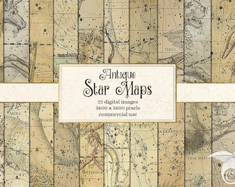 Antique Star Maps Digital Paper, Constellation Celestial Atlas Zodiac Star Chart Scrapbook Paper, Astronomy Backgrounds