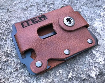 ITEK Kodiak minimalist wallet (Saddle Tan-Black metal). Mens leather wallet. Father's day sale!
