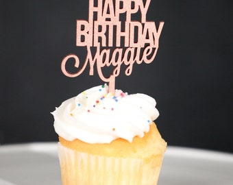 Cupcake Topper-Rose Gold Custom Name Happy Birthday Cupcake Toppers-6 Set Cupcake Toppers-Custom First Name Cupcake Topper