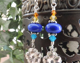 SALE - Hibiscus Tropical Flower Charm Royal Blue, Ocean Blue, Yellow Orange Swarovski Crystal Sterling Silver Dangle Earrings