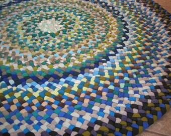New Ready To Ship Handmade Hand Braided Recycled Round Rug / Rag Rug / Carpet in shades of blue and green for nursery / bathroom /entryway