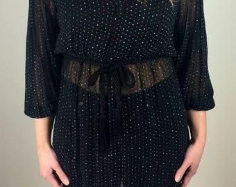 Vintage 60's black sheer rainbow polka dot belted tunic top