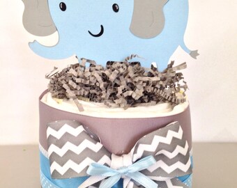 Mini Elephant Baby Shower Diaper Cake, Blue and Gray Elephant Baby Shower Centerpiece