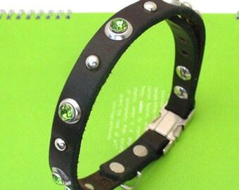 Skinny Chocolate Mint Leather Dog Collar with Studs and Gems // Quick Release Buckle // Size S-M to fit a 12-14in Neck // Small Dog // OOAK
