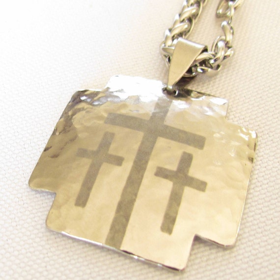 Silver Iron Calvary 3 Cross Pendant and Heavy Chain Hand Hammered Mens Boys Christian Jewelry - Saint Michaels Jewelry - Calvary Three Cross