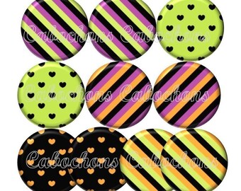 Set of 10 cabochons 12mm glass hearts, stripes, ref Lot125