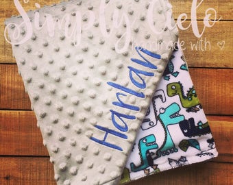 Dinosaur Roar! Cuddle® & Grey Personalized double Minky Baby Blanket| Name Blanket | Baby Blanket | Embroidered Blanket