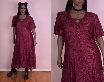 90s Floral Lace Maxi Dress/ US 20/ 1990s