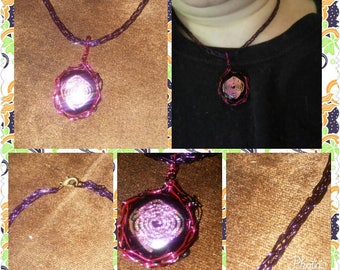 dichroic glass pink spiral and purple wire knitted necklace
