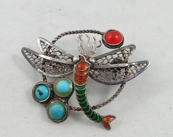 April Sale Vintage Sterling Enamel Filigree Dragonfly Brooch Pin