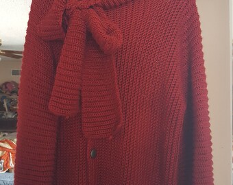 Hand crocheted 3/4 sleeve cardigan sweater with attached keyhole scarf in deep red
