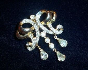 Vintage Signed Cordina Dangle Drop Rhinestone Deco Style Brooch Pin & Pendant
