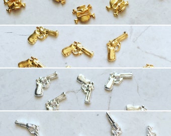 2 Nail Charms - Guns & Skulls - Kawaii - DIY Nail Decorations - Your Choice - Gold Skull, Gold Gun, Silver Gun, Silver Revolver - Kawaii