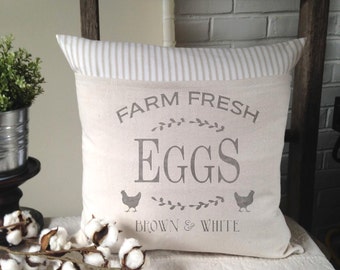 Chicken, Eggs, Fresh Eggs, Farmhouse, Pillow Cover, Country, Ticking