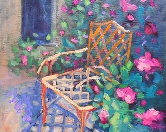 Chair Painting, Garden Painting, Daily Painting, Small Oil Painting, In the Garden by Carol Schiff 8x8x1.5", Free Shipping in US