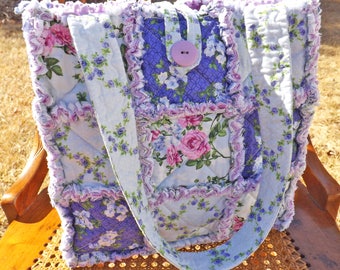 Purple Flowers Rag Tote - Rag Quilt Tote - Floral - purple, green - Handmade Tote - Purple Rag Tote - Gift for Her