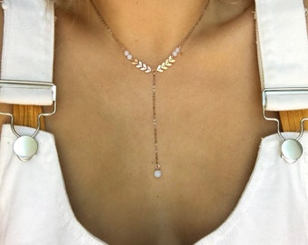 QUINN|| Opal and Chevron Embellished Lariat Chain Necklace in Gold Plated, Silver Plated and Rose Gold
