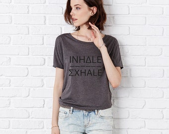 Inhale Exhale Flowy Open Back T Shirt, Slouchy, Fitness Top, Yoga Top, Dance T Dark Grey Heather/Black by Sloganfit