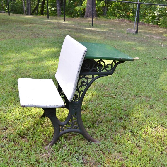 Antique Childrens School Desk Cast Iron And Wood Green White - Antique Childrens School Desk Cast Iron And Wood Green White
