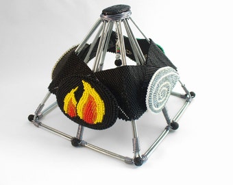Four Elements Altar - Water Fire Air Earth Brooch Set - Wire Pyramid Sculpture - Modern Pagan Decor - Beadwork Jewelry - Bead Art Jewelry