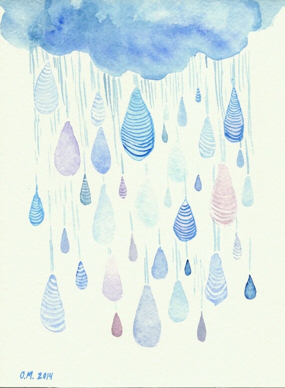 Raindrops Art Original Watercolor Painting Spring Rain