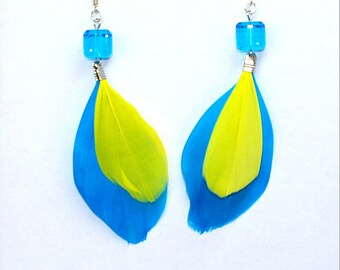 Lake blue & yellow feather earrings