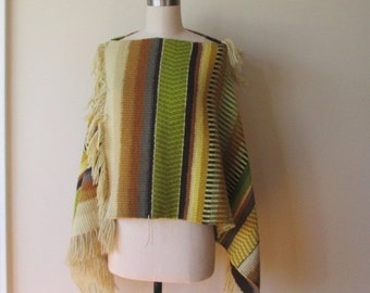 Vintage hand/loom woven Poncho with fringe and bateau neckline