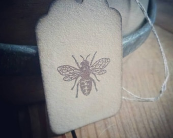 Set of 12 hand stamped honeybee gift tags, honey jar tags, large honeybee stamp