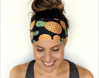 Yoga Headband - Workout Headband - Fitness Headband - Running Headband - Golden Pineapple Print - Boho Wide Headband