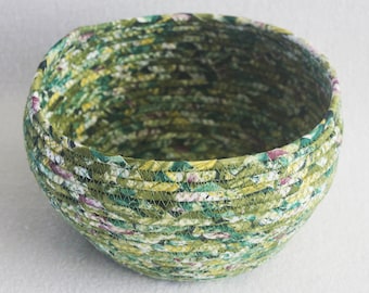 Coiled Rope Basket / Fabric Coiled Basket / Plant Pot / Coiled Clothesline Bowl / Fabric Pottery / Green Medium Round by PrairieThreads