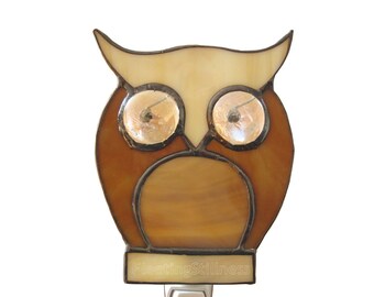 Owl Stained Glass Nightlight Night Light Beige Brown Nursery Handmade OOAK