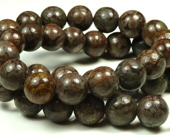 10mm Brown Snowflake Jasper Natural Gemstone Beads - 15.5 Inch Strand - Round, Dark Brown - BE26
