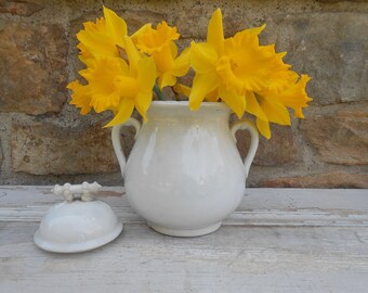 White Ironstone Sugar Bowl Knowles Taylor Knowles KTK Iron Stone China American Stoneware Potttery Double Handled Vase As Is Lid