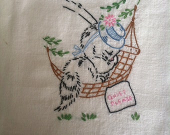 vintage embroidered dish towel; sleeping cat embroidered tea towel