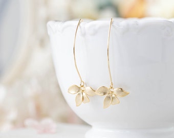 Gold Dangle Earrings. Matte Gold Orchid Flower Long Dangle Earrings. Gold Wedding Bridal Earrings, Bridesmaid Earrings, Gift for Her